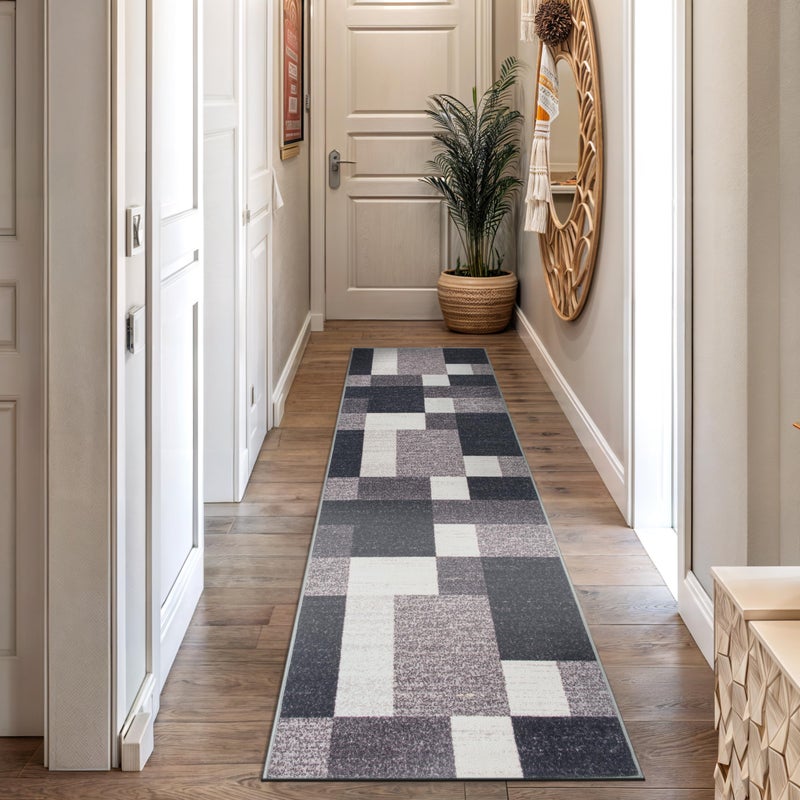 Rugshop Modern Boxes Design Non-Slip (Non-Skid) Runner Rug 2' x 10' Gray - Image 1